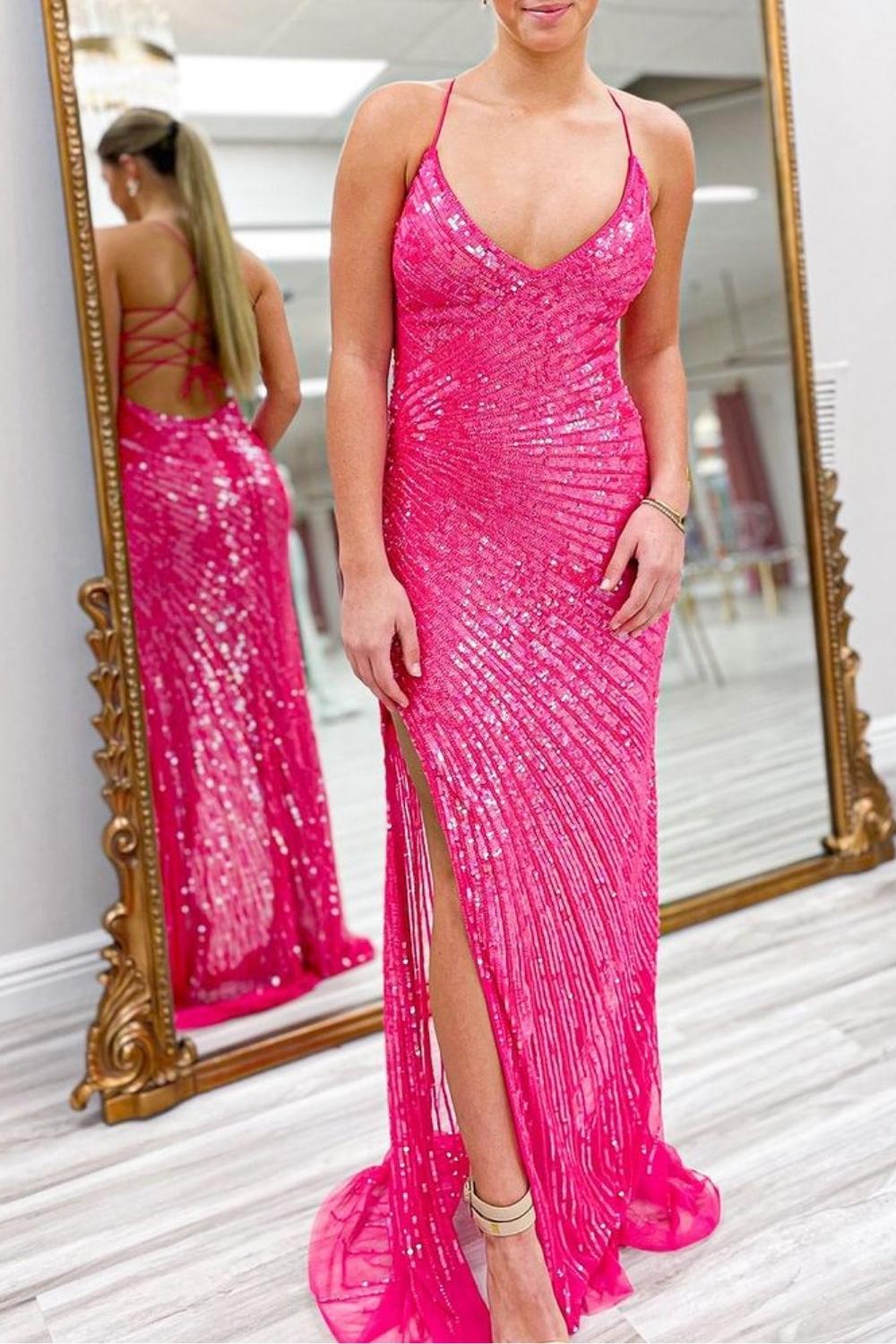 Weitese Sparkly Mermaid Spaghetti Straps Fuchsia Sequins Long Prom Dress with Criss Cross Back